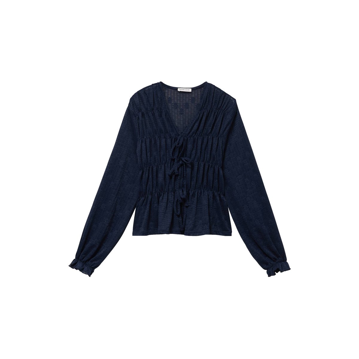 Blouse ajustée col v dentelle plissée bleu marine, CACHE CACHE