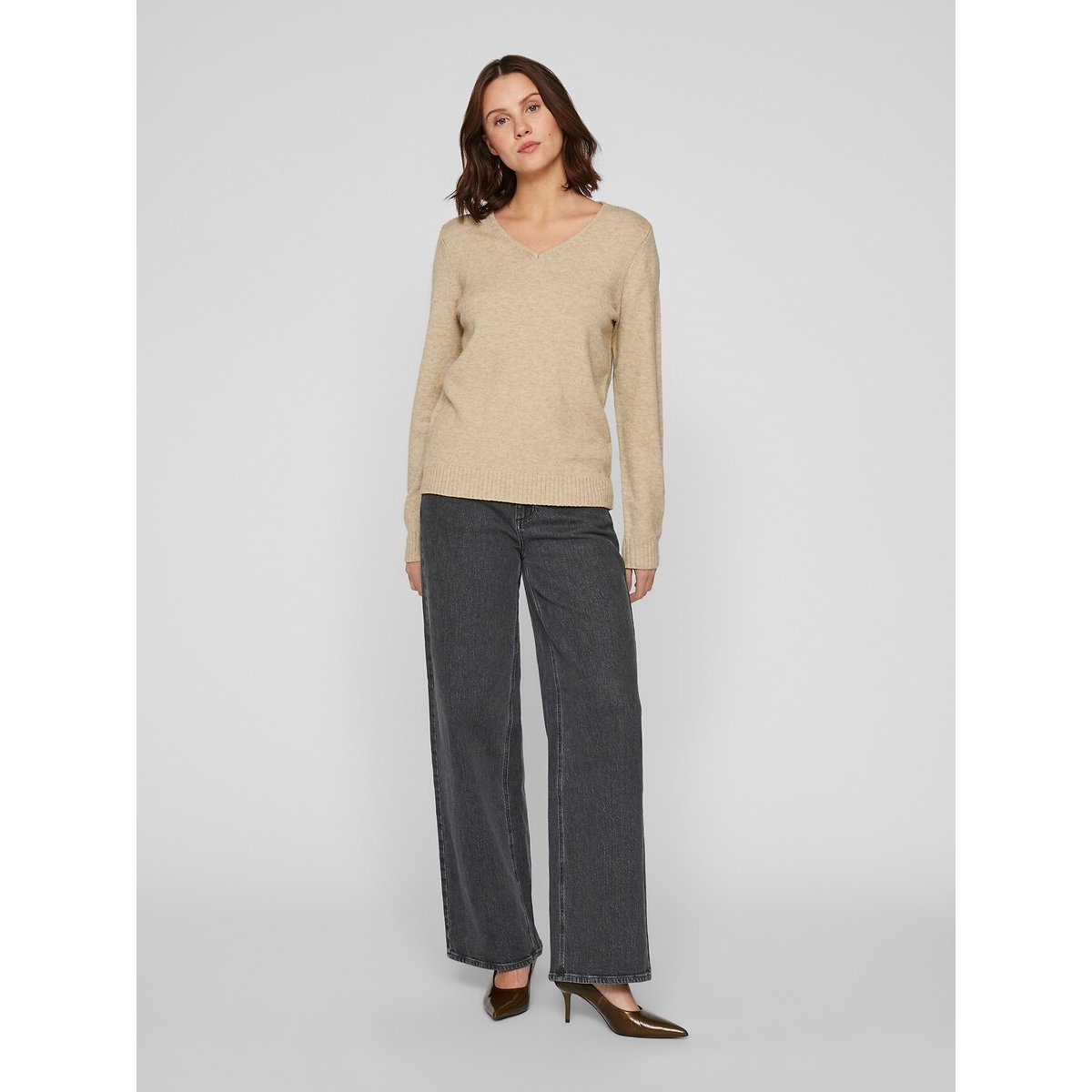 Maglione scollo a V in maglia fine naturale , VILA