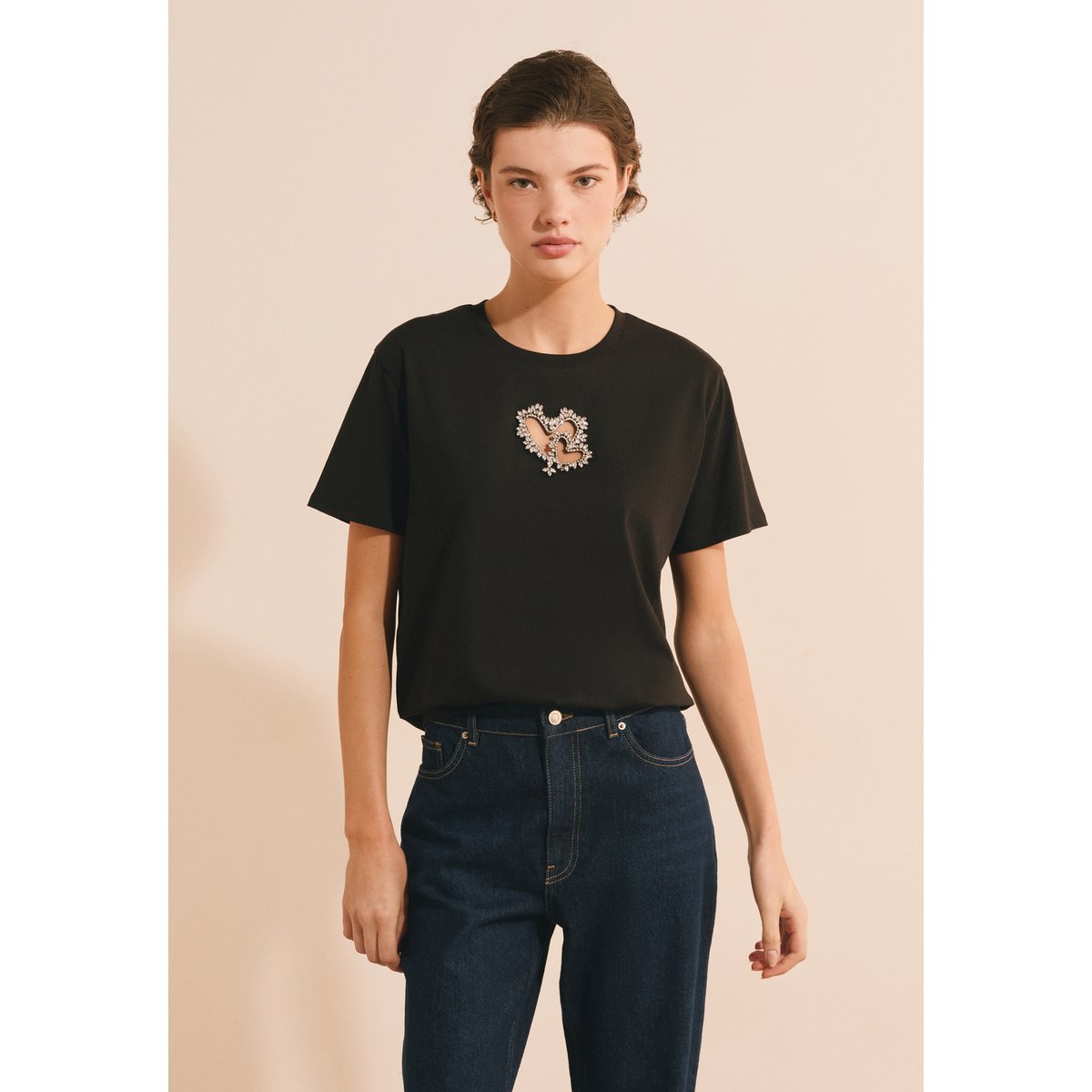 T-shirt manches courtes avec strass en forme de cœur en coton ALBANE noir, ETAM