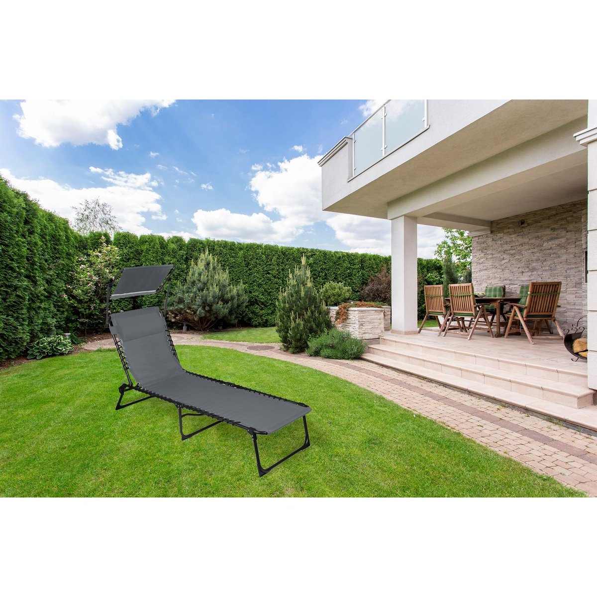 Lot de 2 bains de soleil avec coussin et pare-soleil inclinable gris foncé, TOILINUX