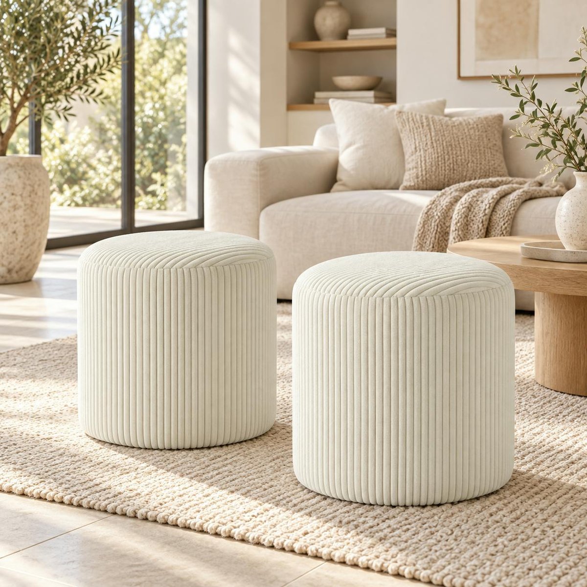 Pouf rond velours côtelé blanc (lot de 2) MALMOE blanc, PIER IMPORT