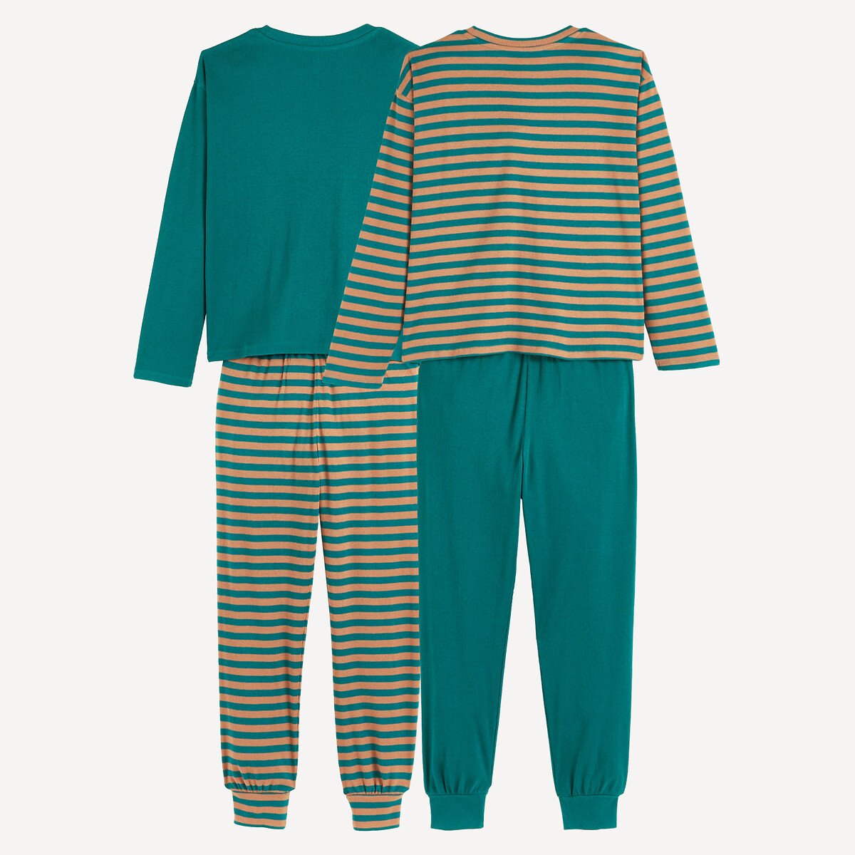 Lot de 2 pyjamas, en coton et fines côtes, à rayures camel/vert, LA REDOUTE COLLECTIONS