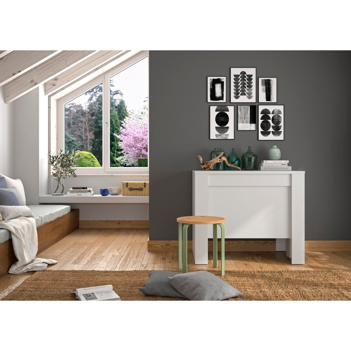 Table console extensible ou matière résistante blanc, DIAGONE