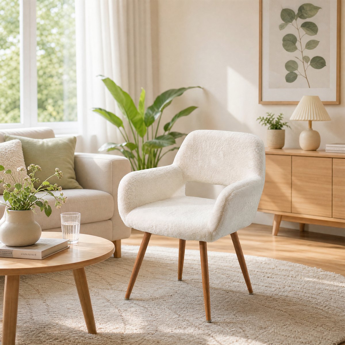 Lot de 4 chaises de salle à manger fauteuil scandinaves en tissu effet poil de lapin, CROMWELL PELUCHE blanc, MEUBLES COSY