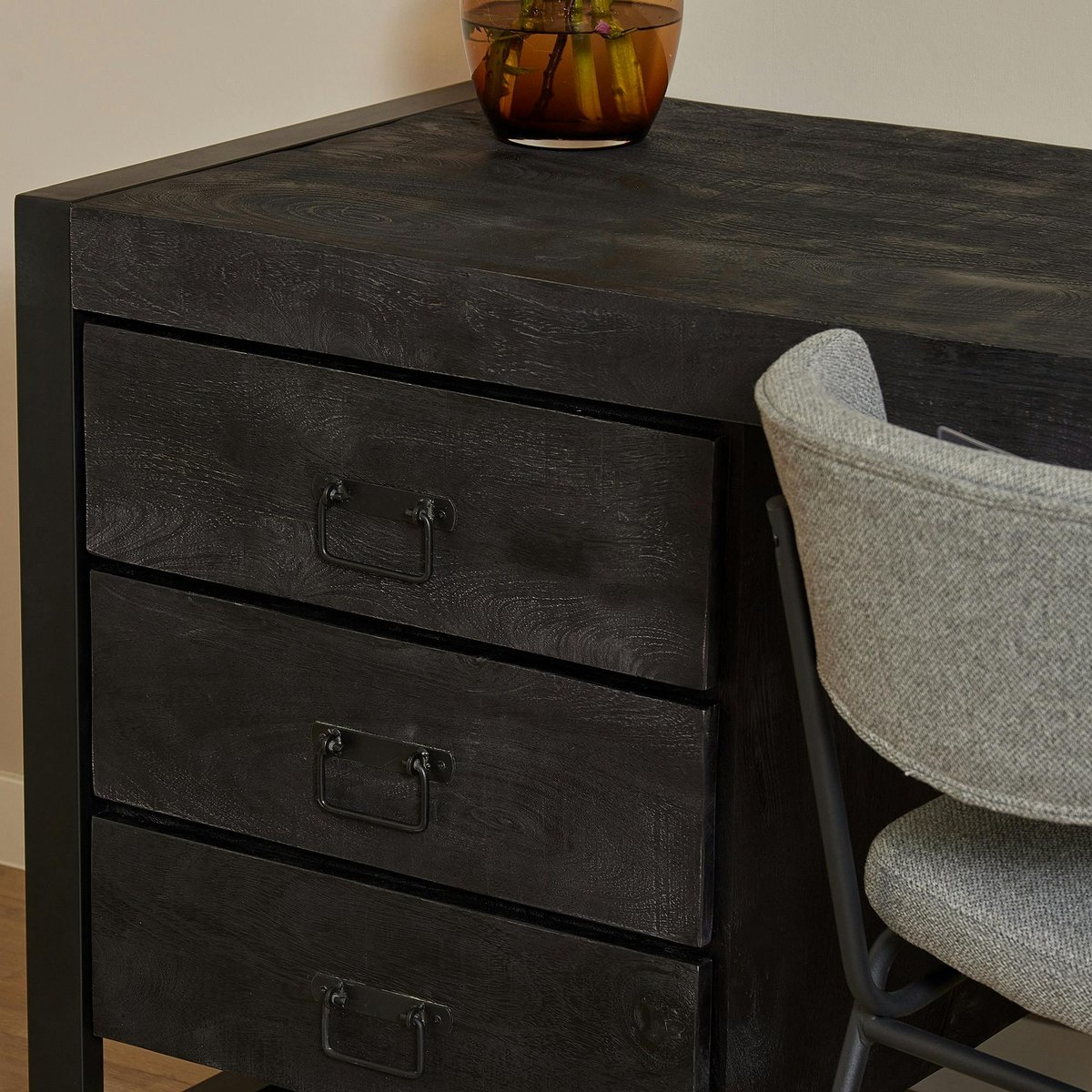 Bureau bois / métal 3 tiroirs MILORA noir, PIER IMPORT