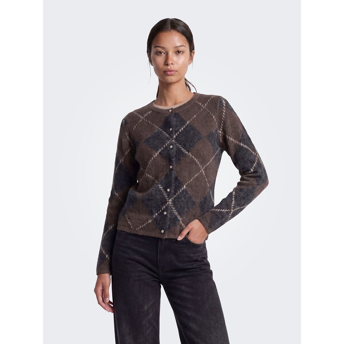Gilet manches longues imprimé jacquard imprimé marron, ONLY