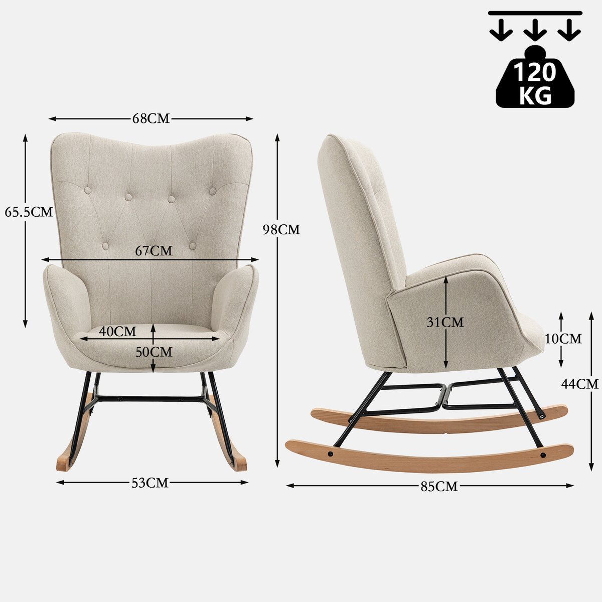 Fauteuil à bascule rocking chair scandinave en tissu, EPPING beige, MEUBLES COSY