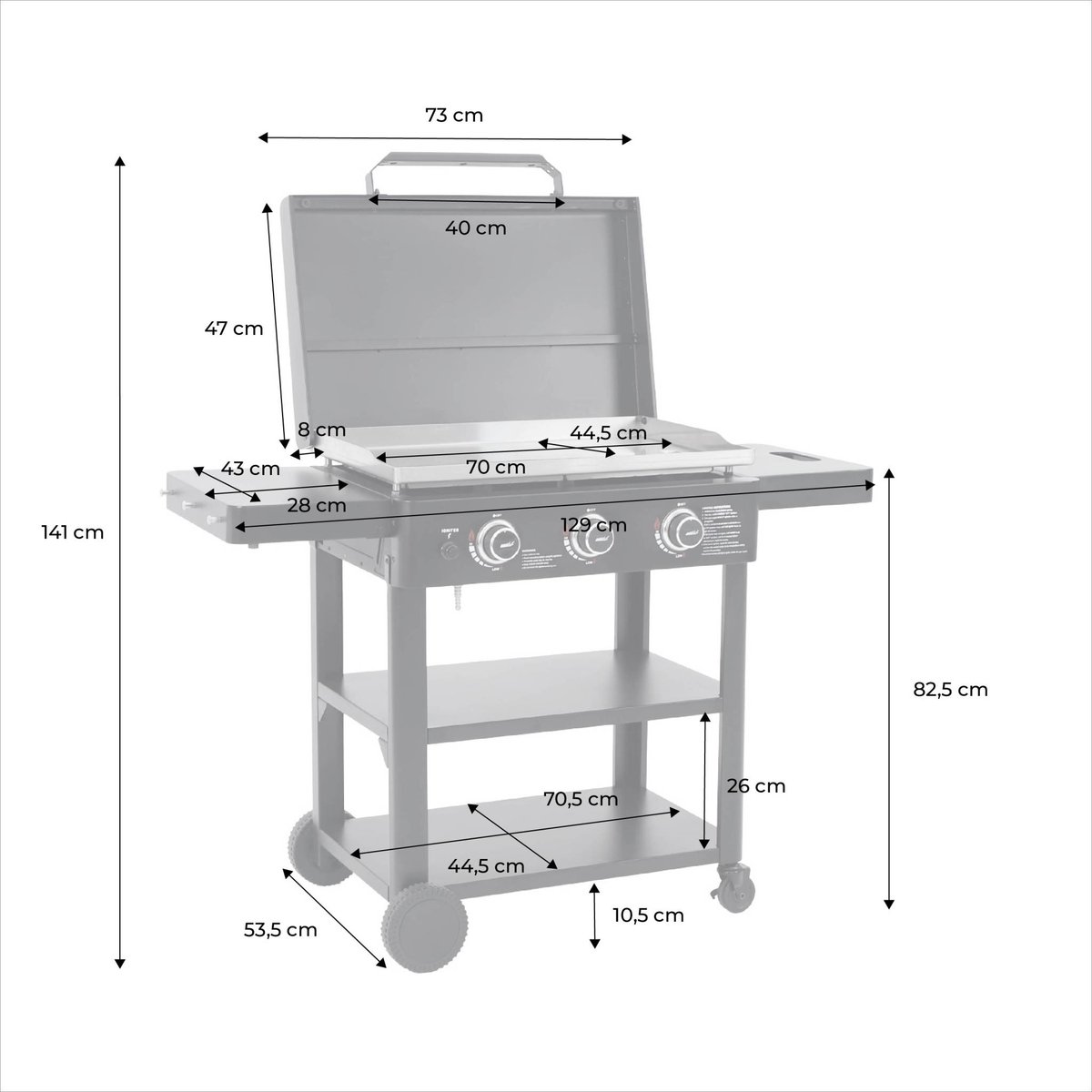 Plancha gaz 3 brûleurs acier inoxydable 12kW avec chariot RAOUL noir, SWEEEK