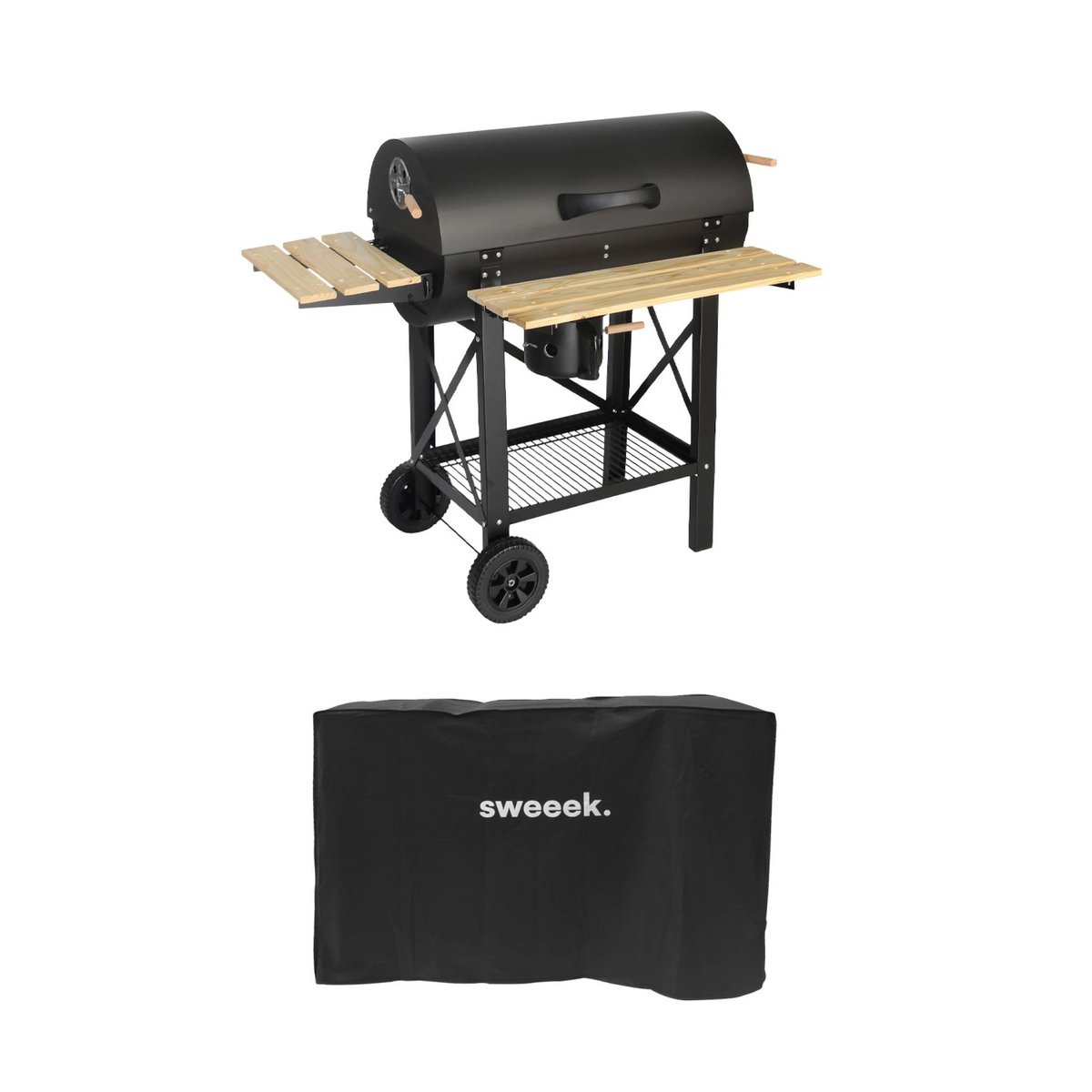 Barbecue charbon de bois, grill et fumoir américain, roues et tablettes rabattables avec housse SERGE AVEC HOUSSE noir, SWEEEK