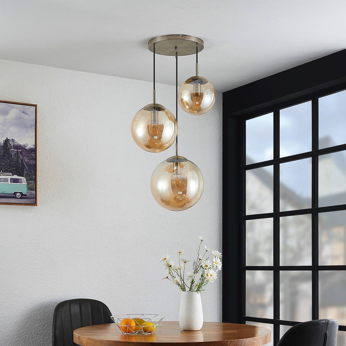 Suspension en verre moderne, Teeja ambre, laiton ancien, LINDBY