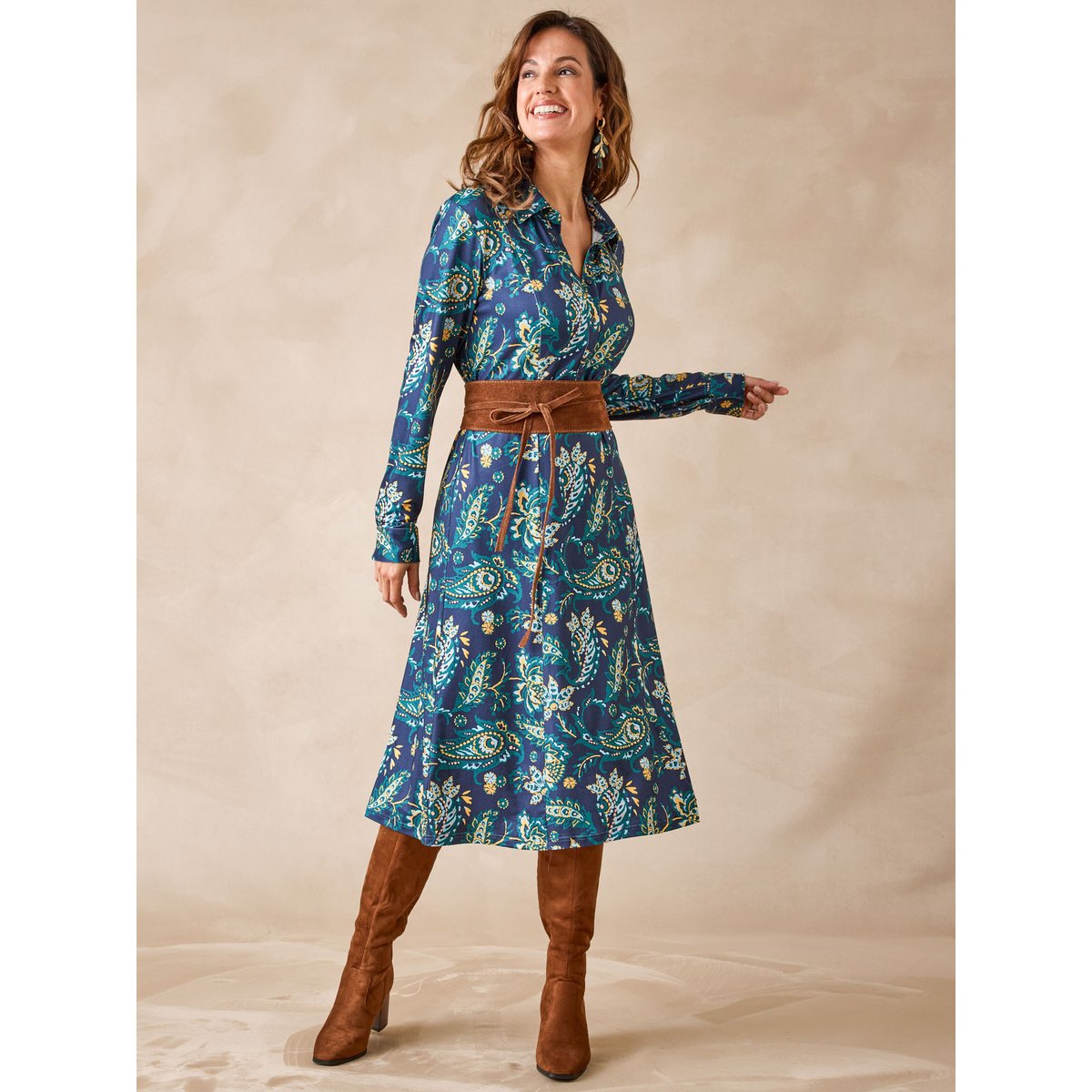 Robe chemisier maille chaude imprimé fond marine, DAXON