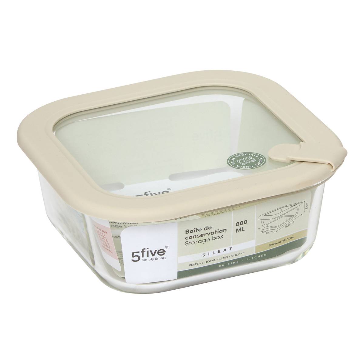 Boîte de conservation carrée en verre 0,8L SILEAT transparent, 5FIVE SIMPLY SMART