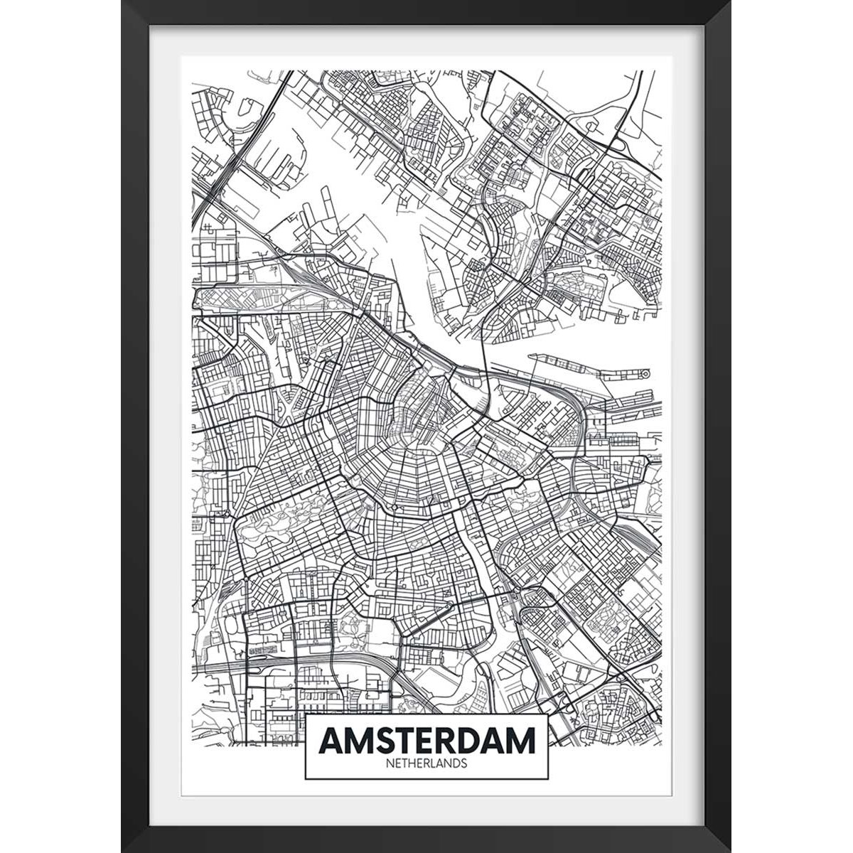 Affiche graphique amsterdam netherlands affiche + cadre en bois - noir, HEXOA