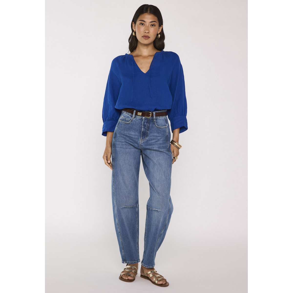 Blouse à manches 3/4 en lin DAMIA bleu roi, Maison 123