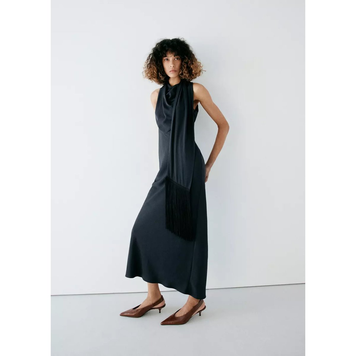 Robe col drapé avec foulard gris anthracite, MANGO