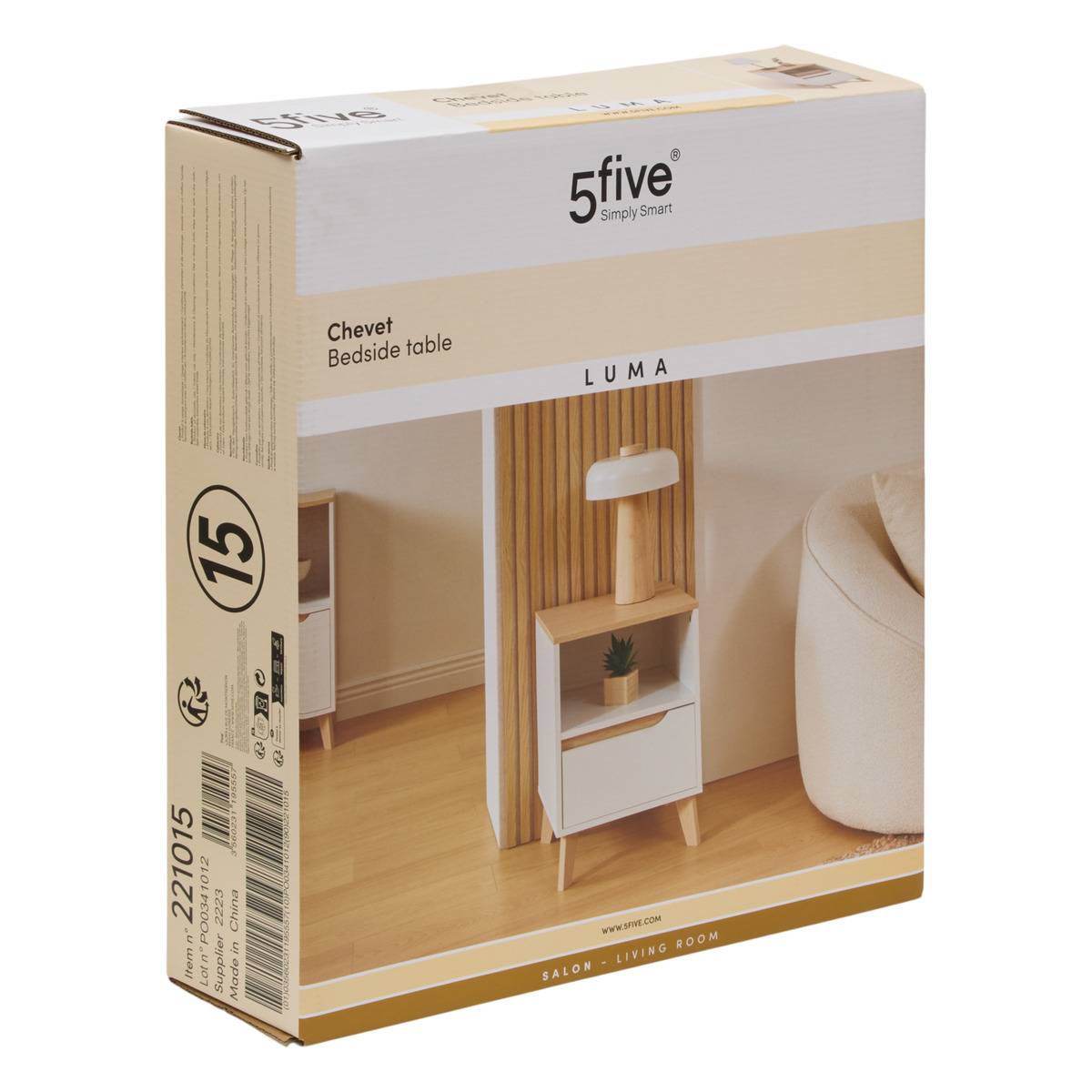Table de chevet carrée avec tiroir LUMA blanc, 5FIVE SIMPLY SMART