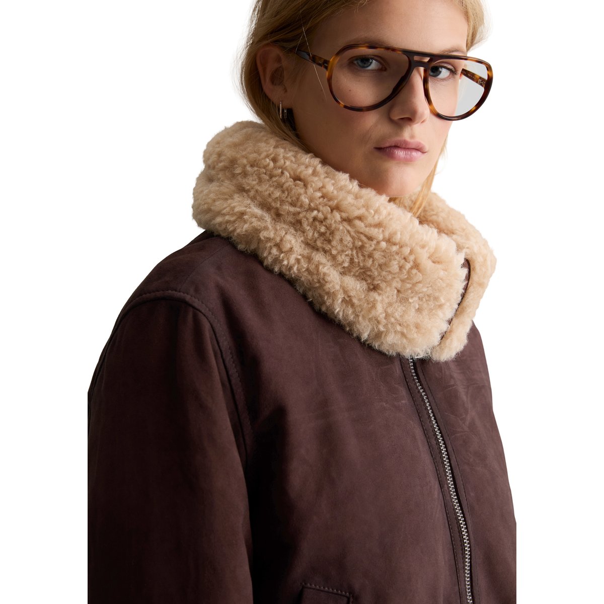 Veste en cuir à col en peluche, coupe classique en cuir de chèvre velours souple marron, MARC O’POLO DENIM
