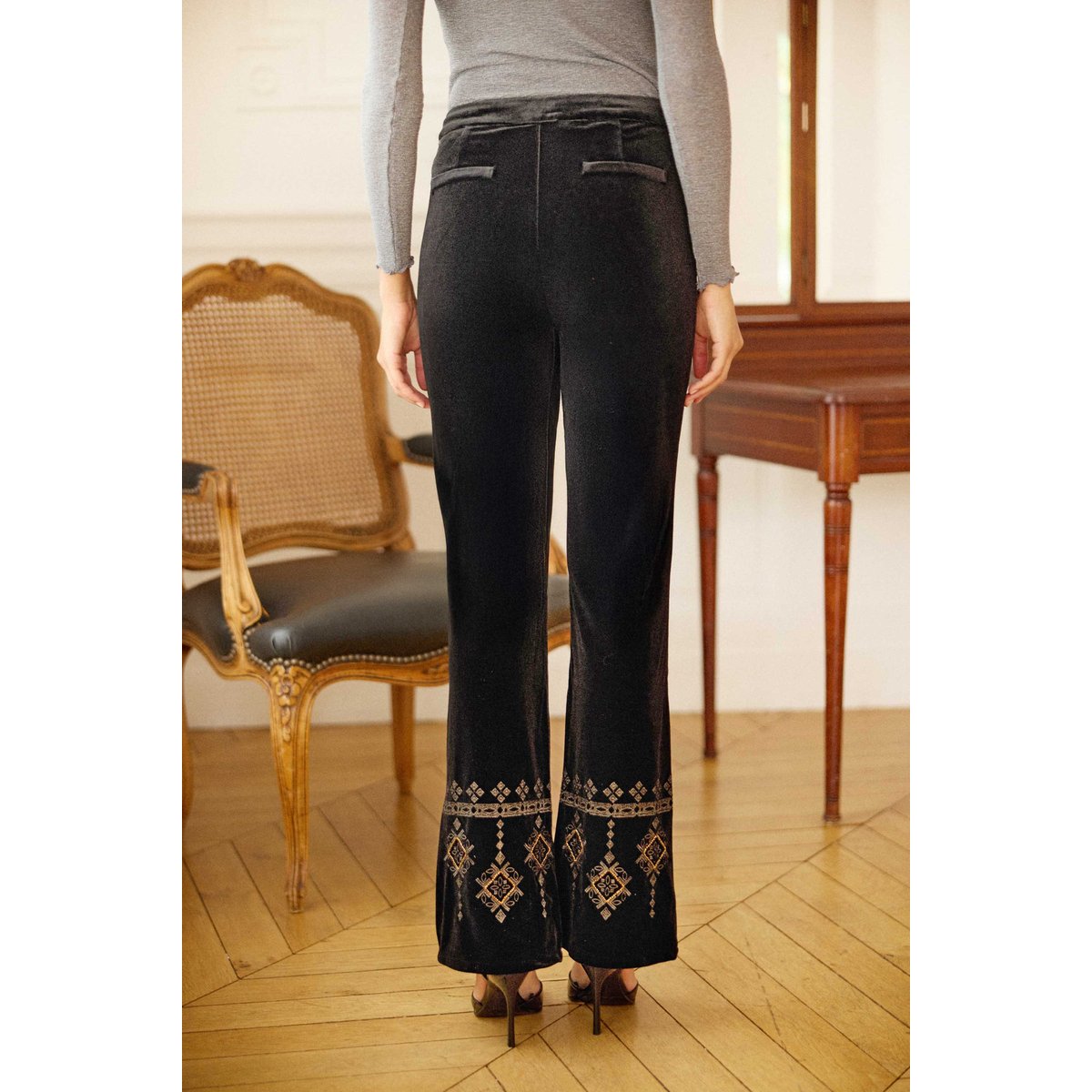 Pantalon flare imprimé broderie PALMERA 00-noir, LA PETITE ETOILE