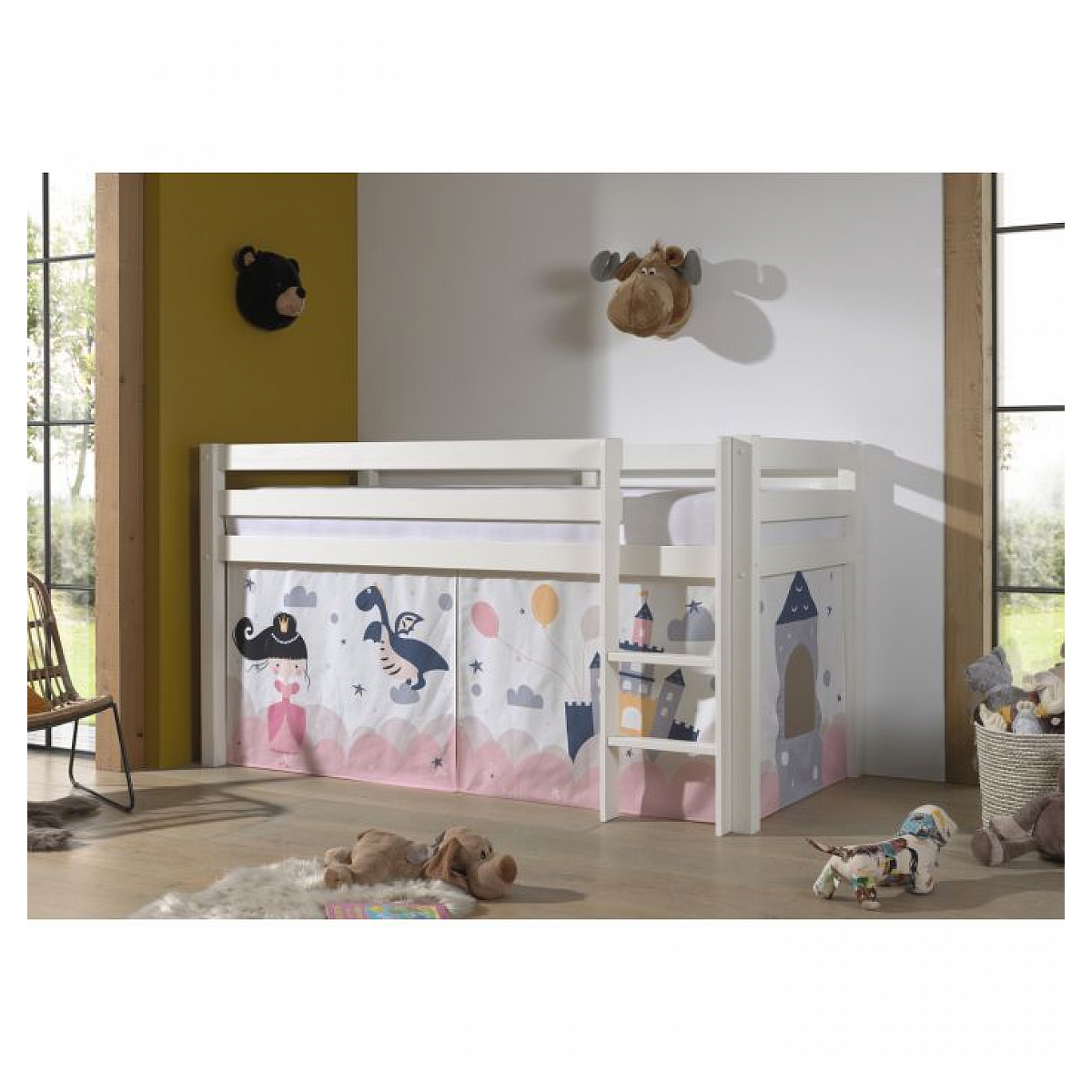 Lit sureleve en avec sommier + Rideau Princesse couleur unique, VIPACK