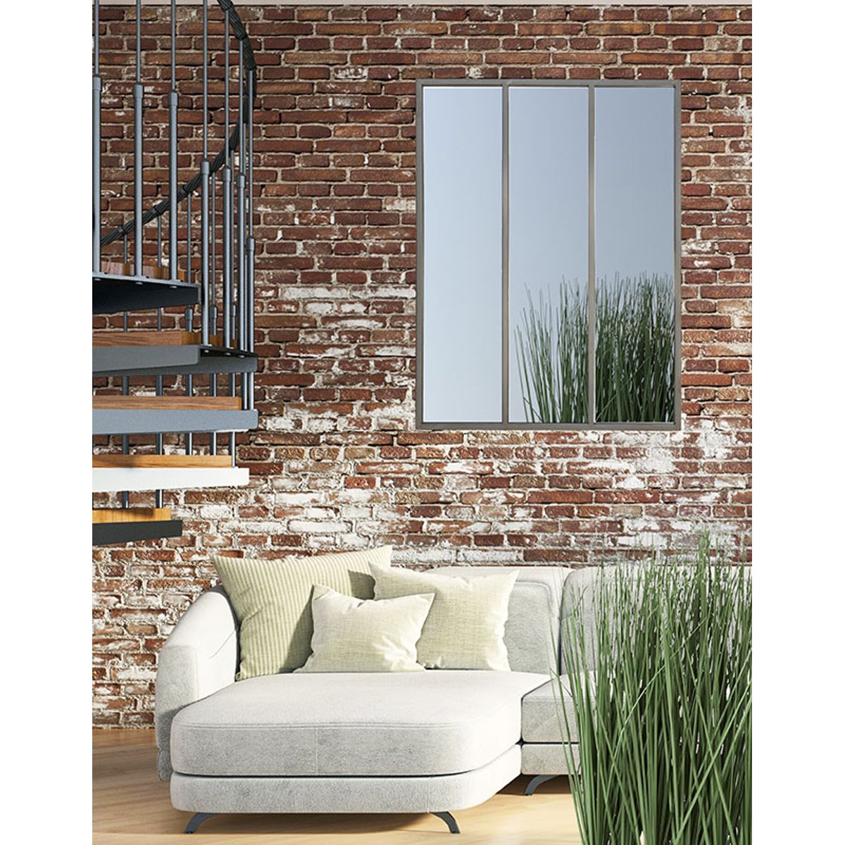 Miroir industriel 3 bandes métal 90x120cm gris, EMDE