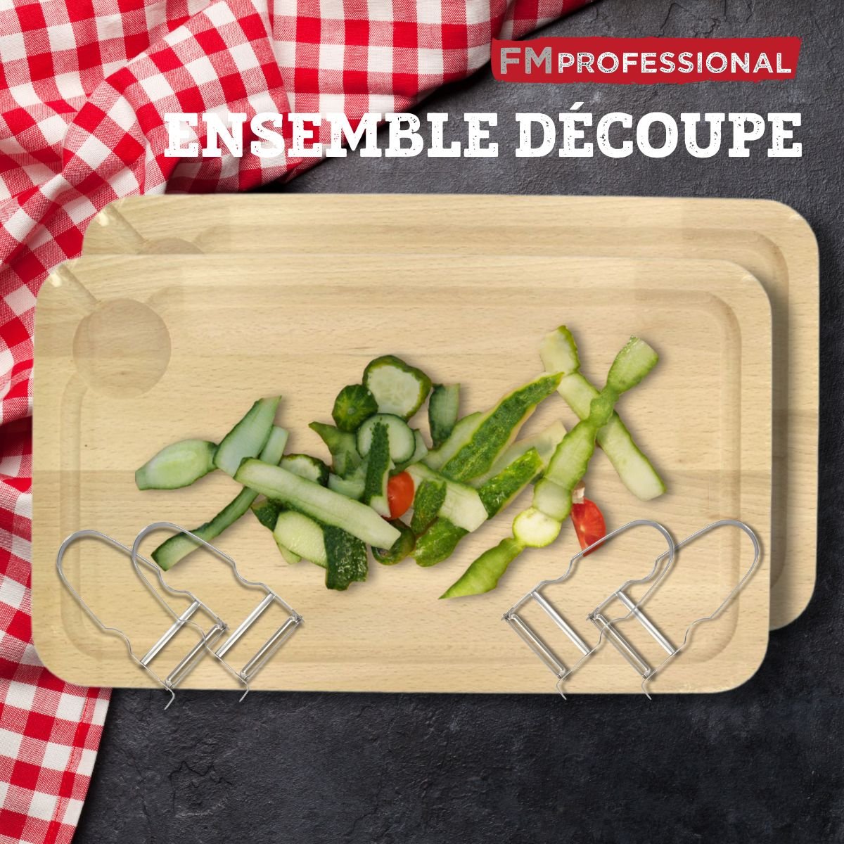 Lot de 2 Planches à découper et 4 éplucheurs GOURMET ÉDITION bois, FM PROFESSIONAL