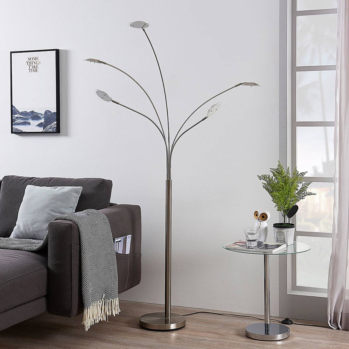 Lampadaire en métal moderneLED, Anea nickel mat, blanc givré, LINDBY
