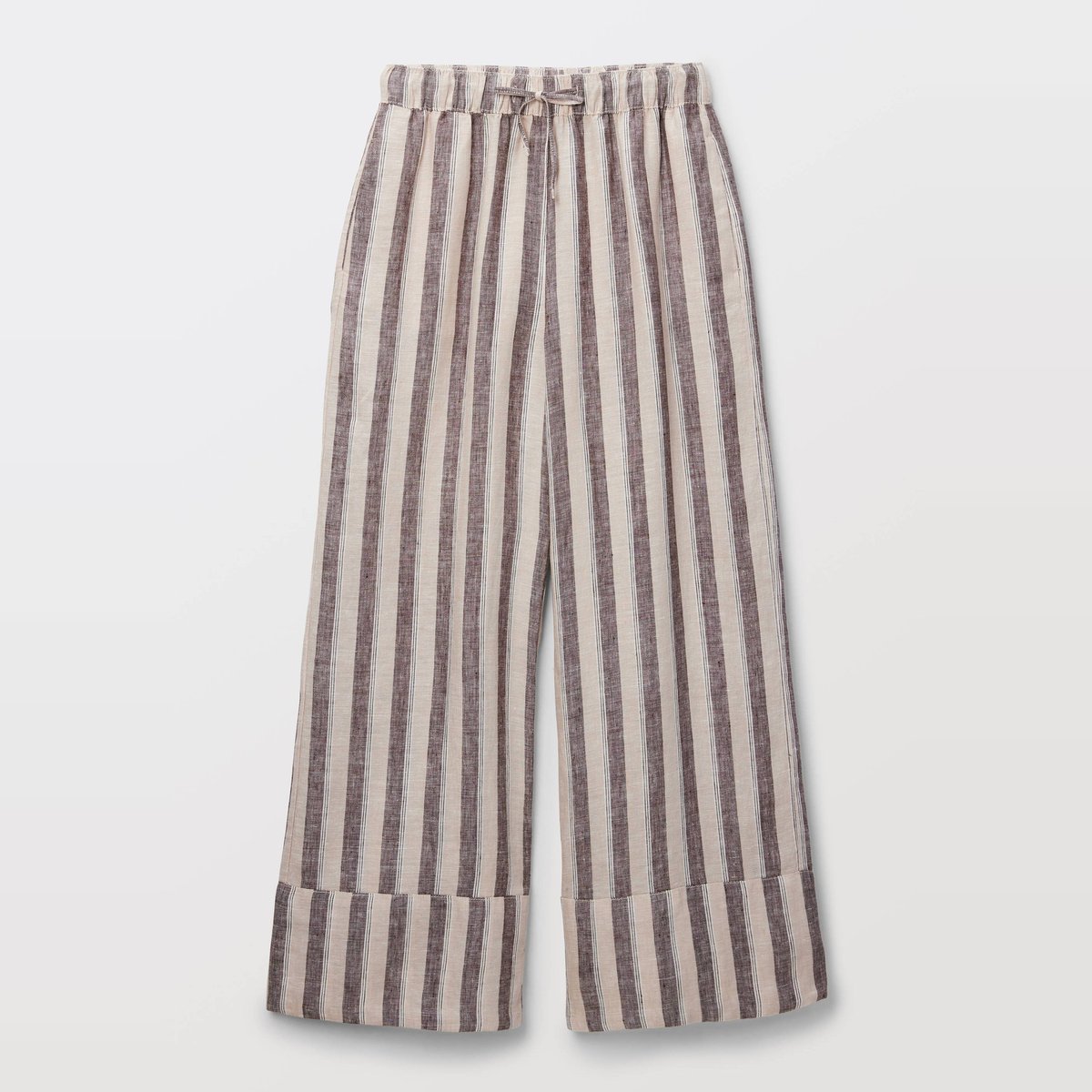 Pantalon large à taille élastiquée en lin rayé ganache, MONOPRIX