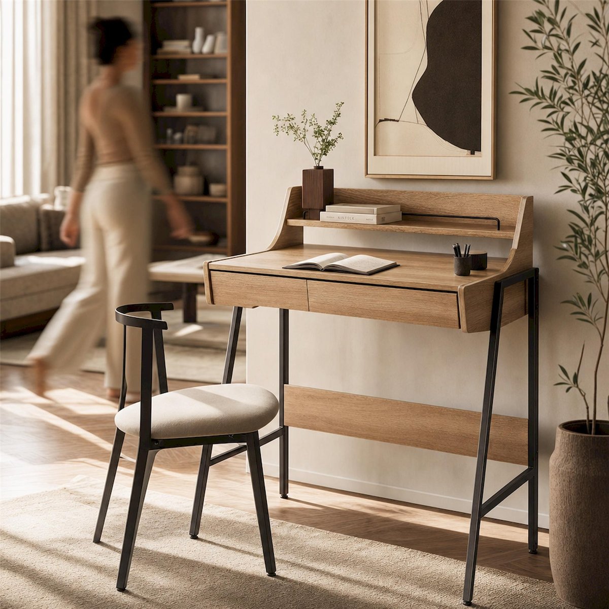 Bureau compact façon chêne avec tiroirs chêne et brun foncé, RECOLLECTION