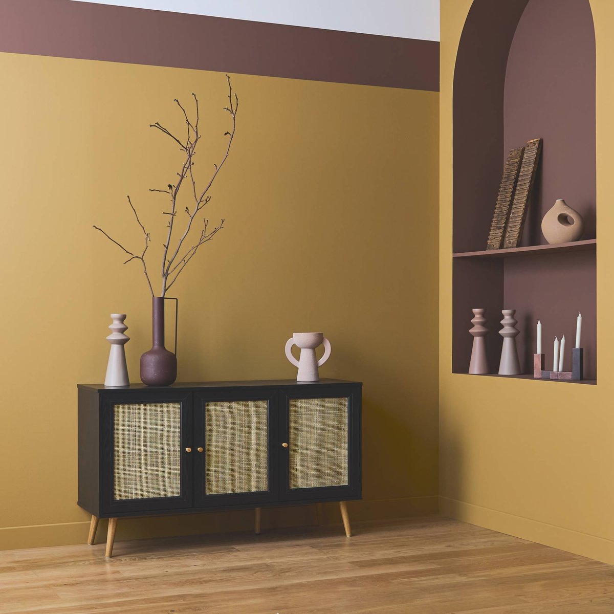 Buffet scandinave décor bois et cannage 3 portes 120cm BOHÈME naturel, SWEEEK