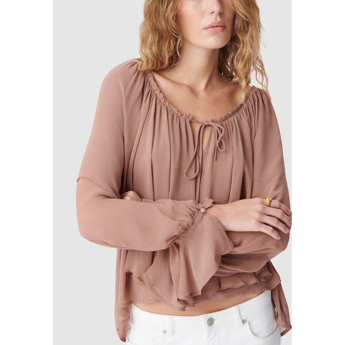 Blouse fluide large volant marron, IKKS