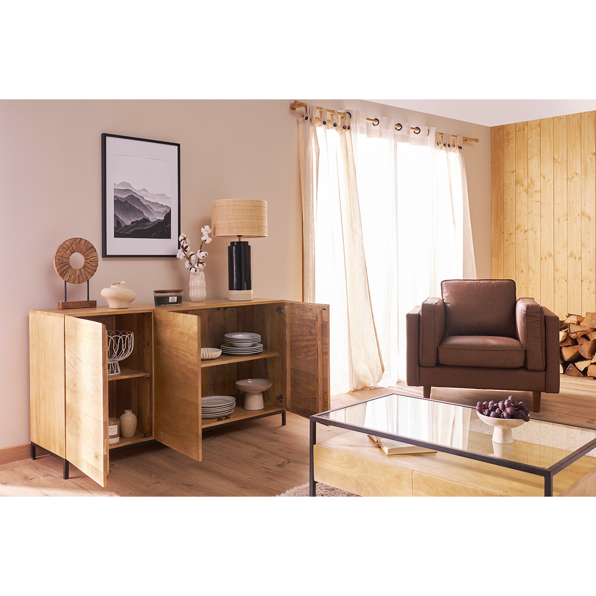 Buffet industriel en bois manguier massif et métal noir 3 portes L145 cm YPSTER bois clair / noir, MILIBOO