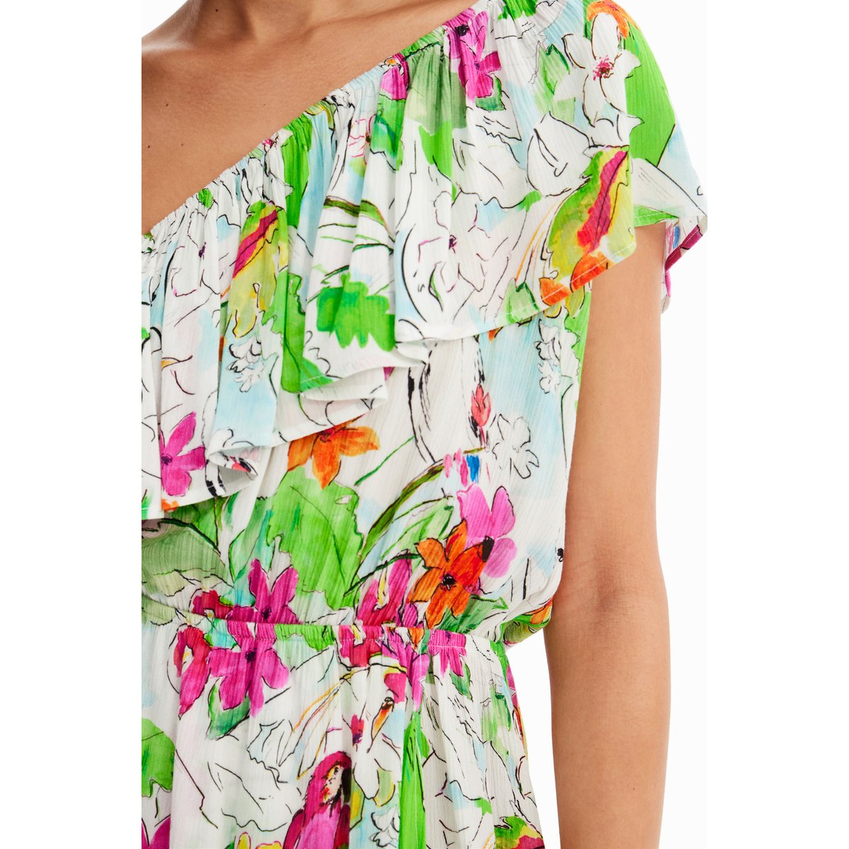 Robe courte asymétrique tropicale blanc, DESIGUAL