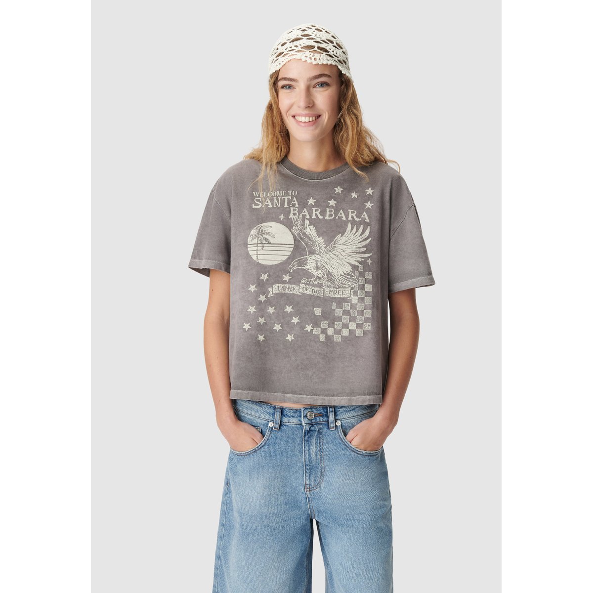 Tee-shirt oversize délavé visuel aigle gris foncé, IKKS