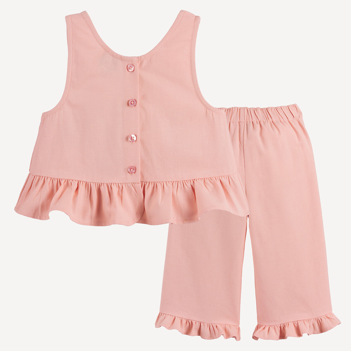 2-delige set, hemdje met ruches en broek, van katoen/linnen koraal, LA REDOUTE COLLECTIONS