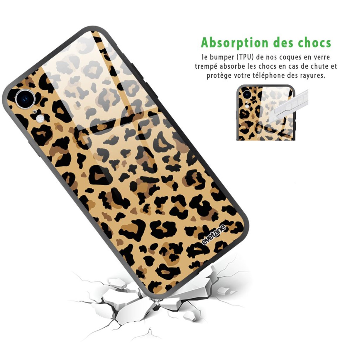 Coque en verre trempé iPhone Xr léopard beige, EVETANE