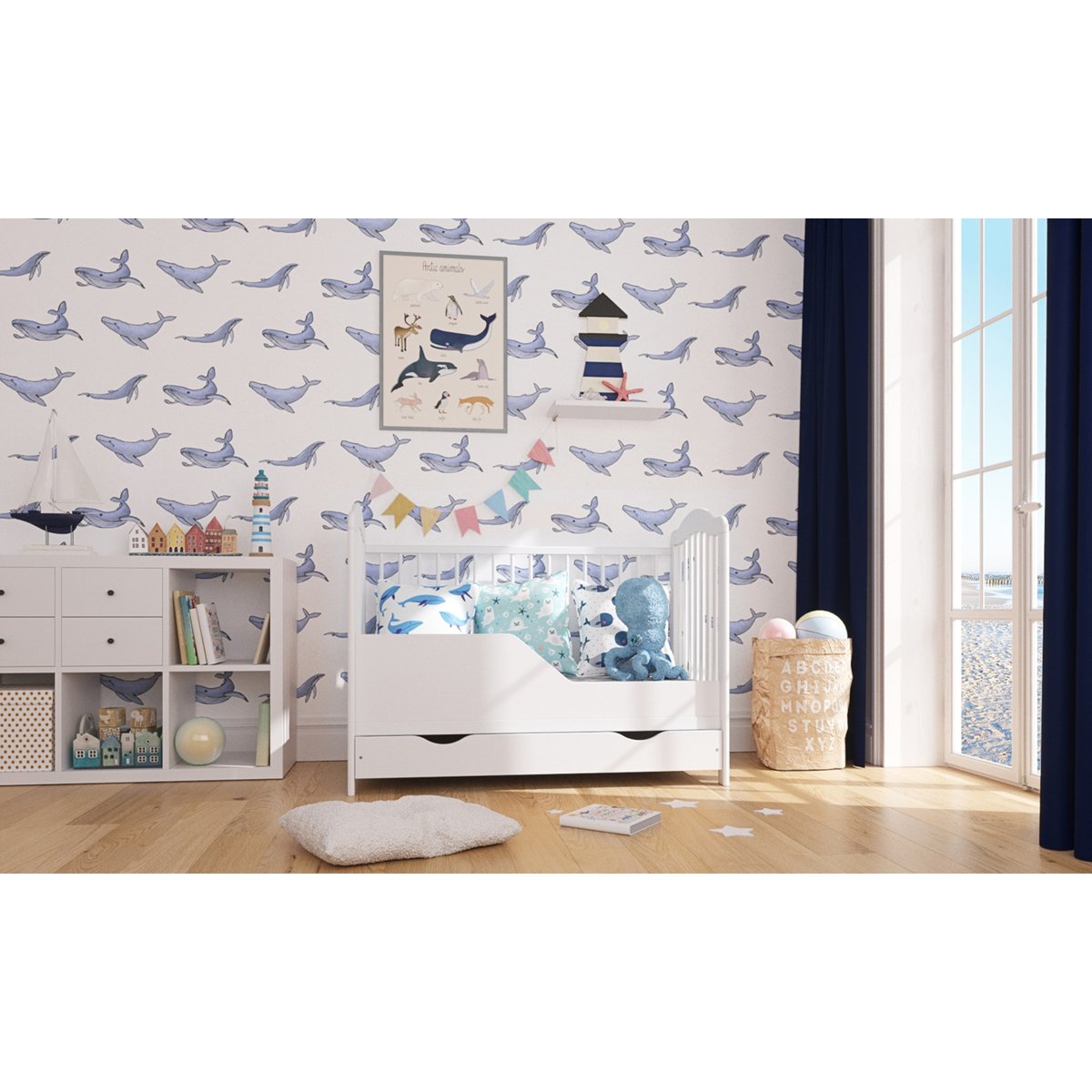 Lit bébé évolutif avec tiroir - CHIARA - 120x60 cm blanc|bois, PREMIERS MOMENTS