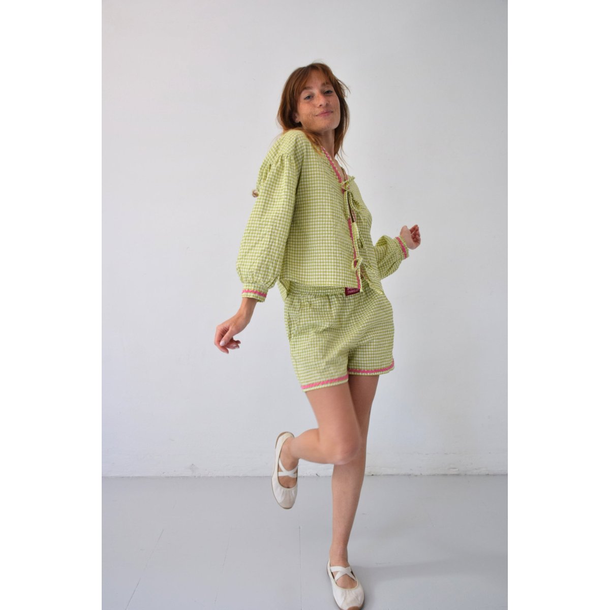 Blouse vichy à nœuds MARTA vert / rose, MINDTRAVELER
