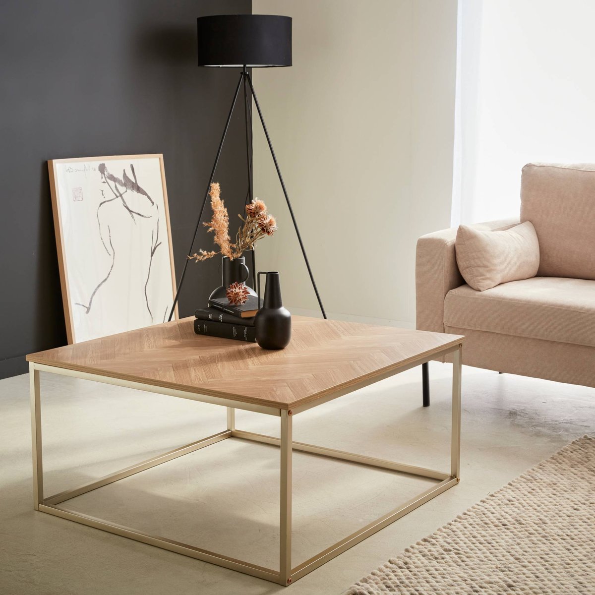 Table basse carrée décor bois décor chevrons BUDAPEST naturel, SWEEEK