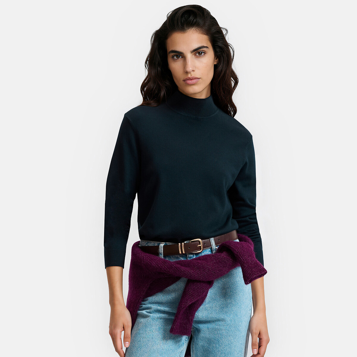 Fine Knit High Neck Jumper navy blue, LA REDOUTE COLLECTIONS