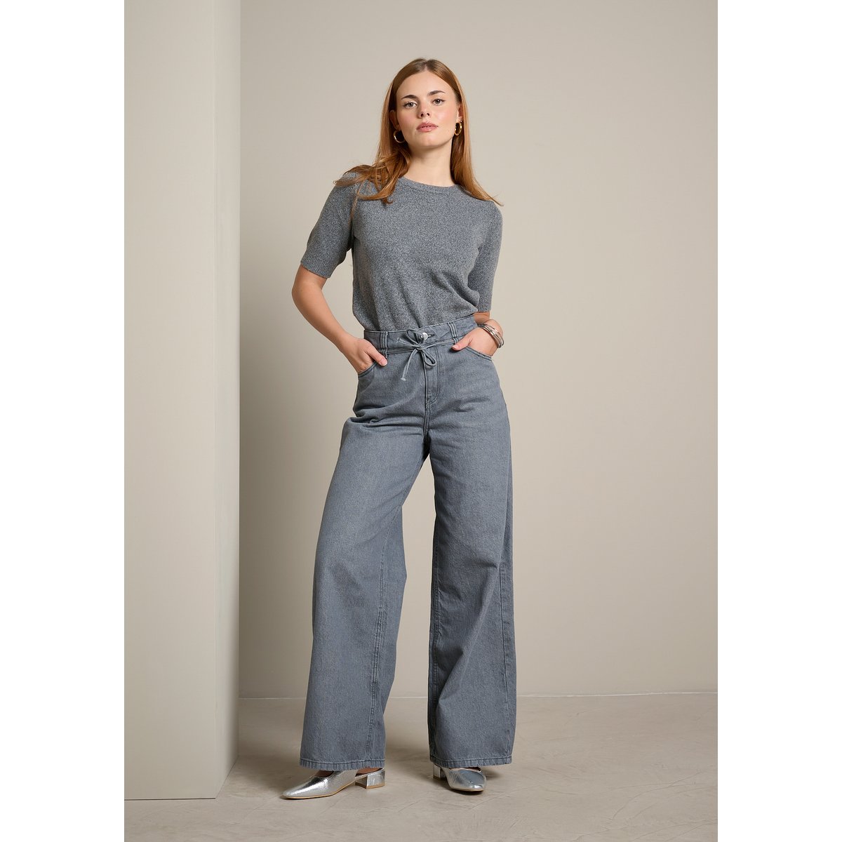Jean large à taille nouée medium grey, LOLALIZA