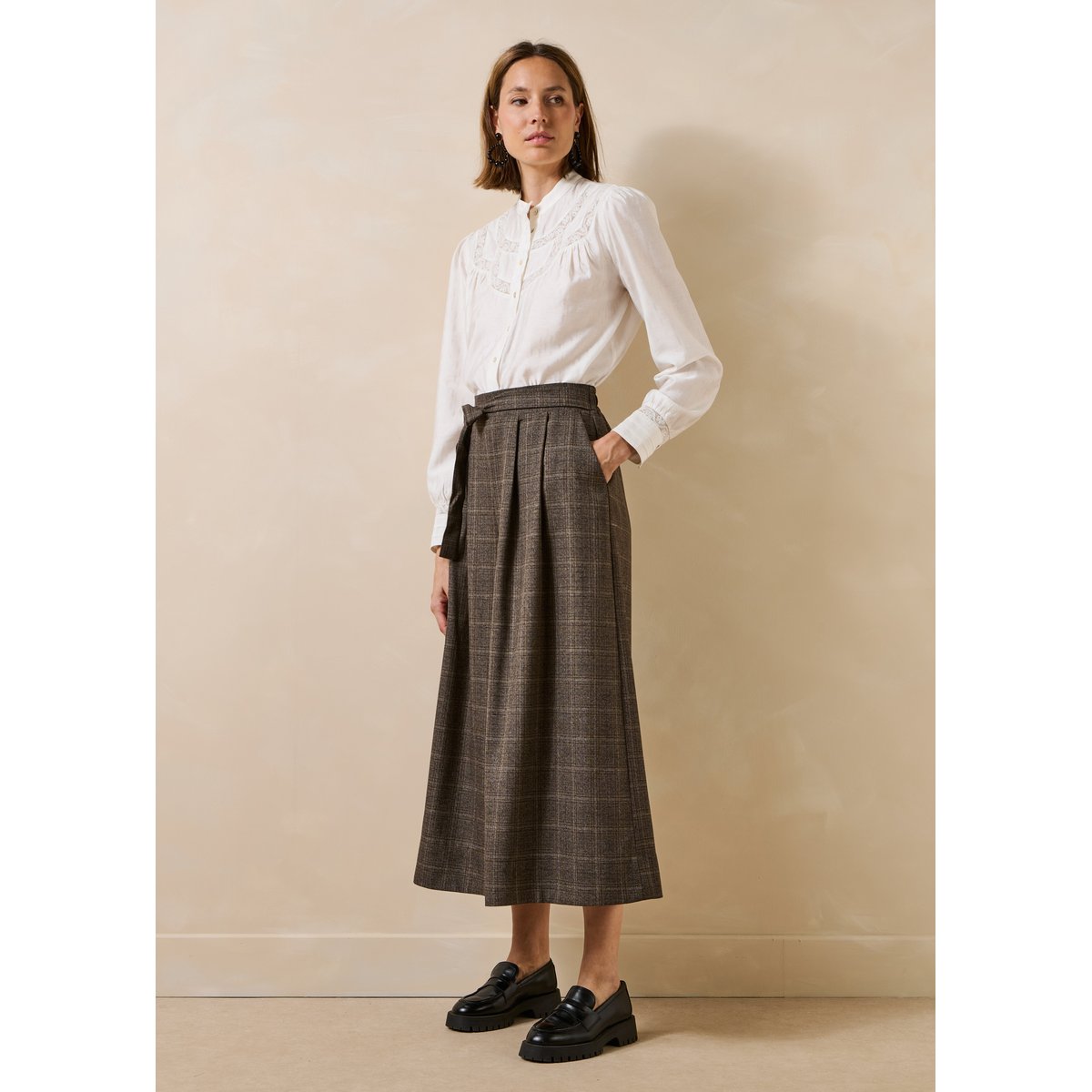 Pantalon jupe culotte 7/8ème à carreaux marron, LA FEE MARABOUTEE