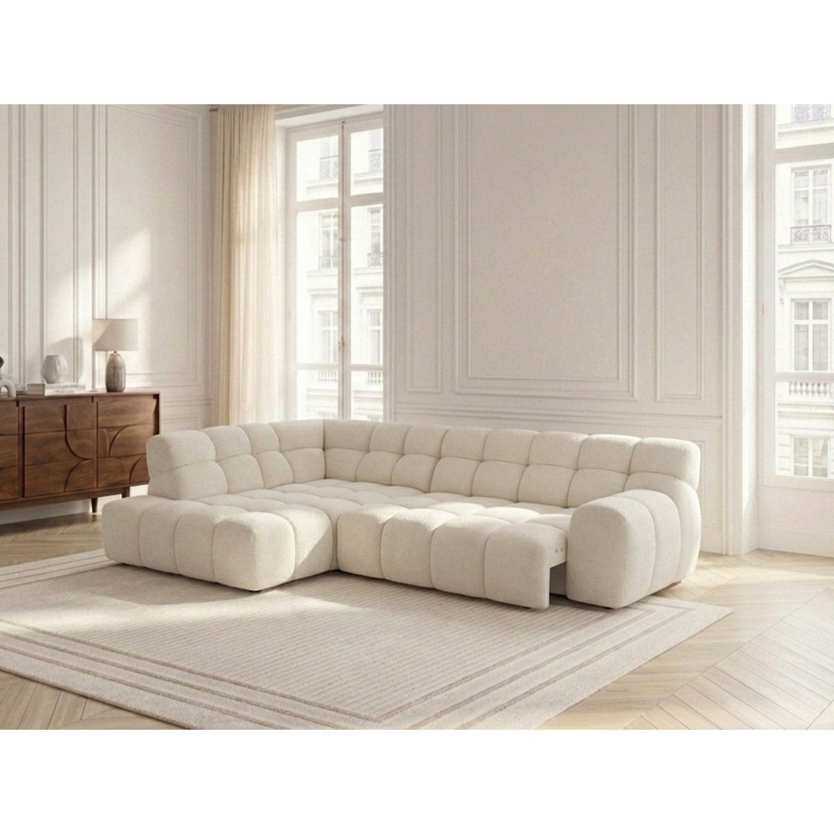Canapé d'angle convertible 4 places en tissu chenille, ANDRE blanc, BOBOCHIC
