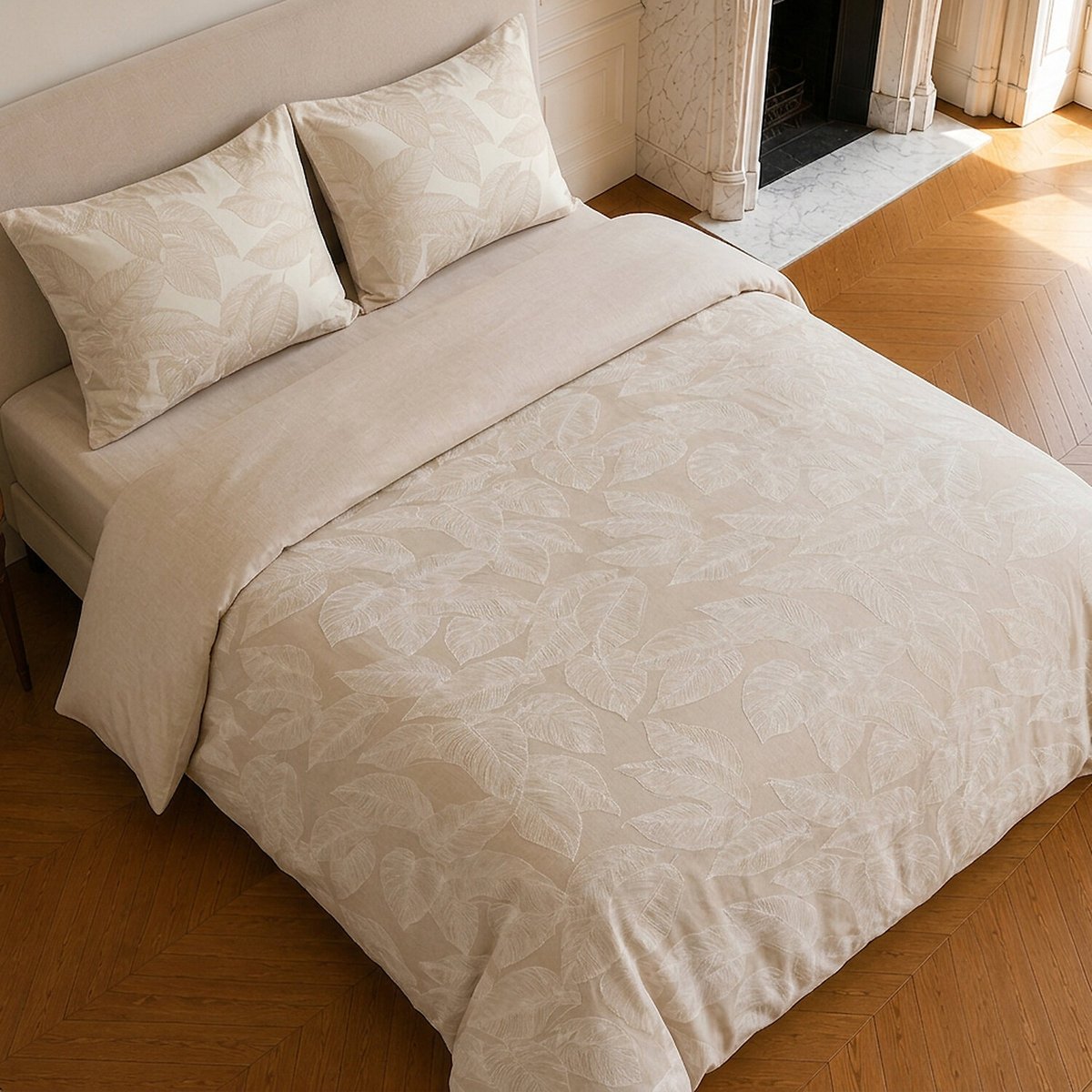 Parure de lit en coton motif tropical, FEUILLE beige, C DESIGN HOME TEXTILE