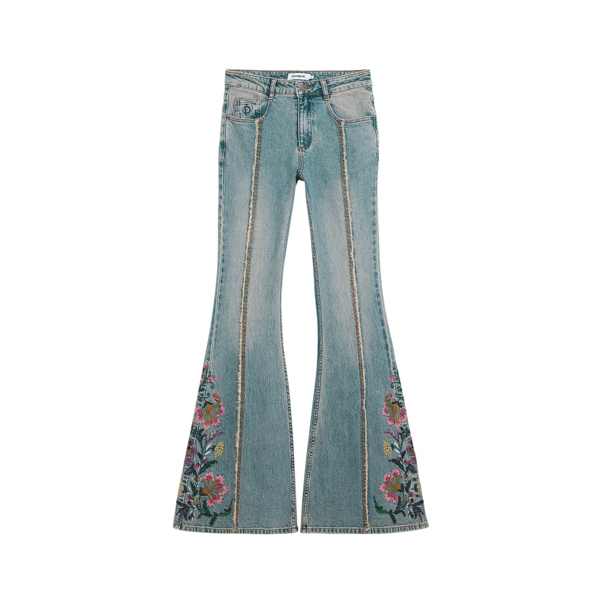 Pantalon en jean à fleurs évasé bleu clair, DESIGUAL
