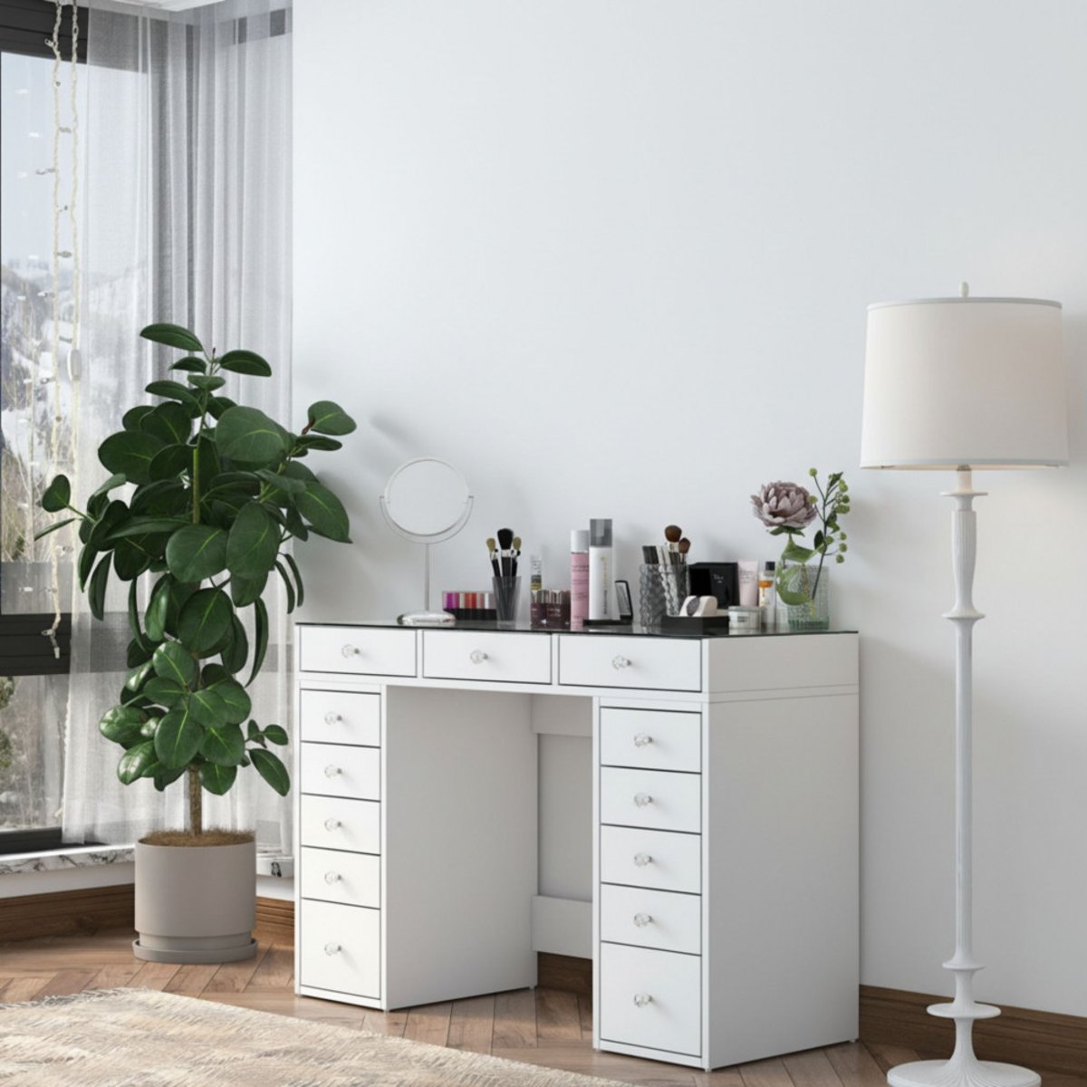 Coiffeuse 13 tiroirs avec plateau en verre L120cm- TIYA blanc, DRAWER