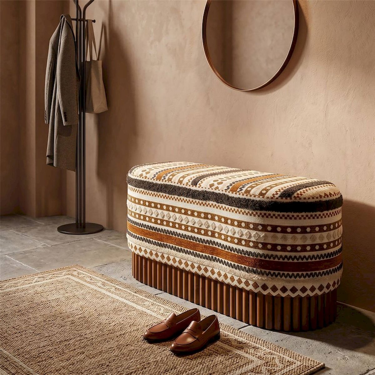 Banc ovale motif ethnique base en bois massif multicolore, RECOLLECTION