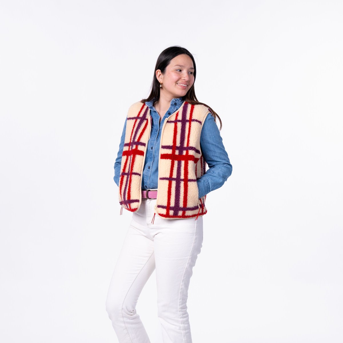 Veste sherpa zippée sans manches beige, bordeaux et violet, BILLYBELT