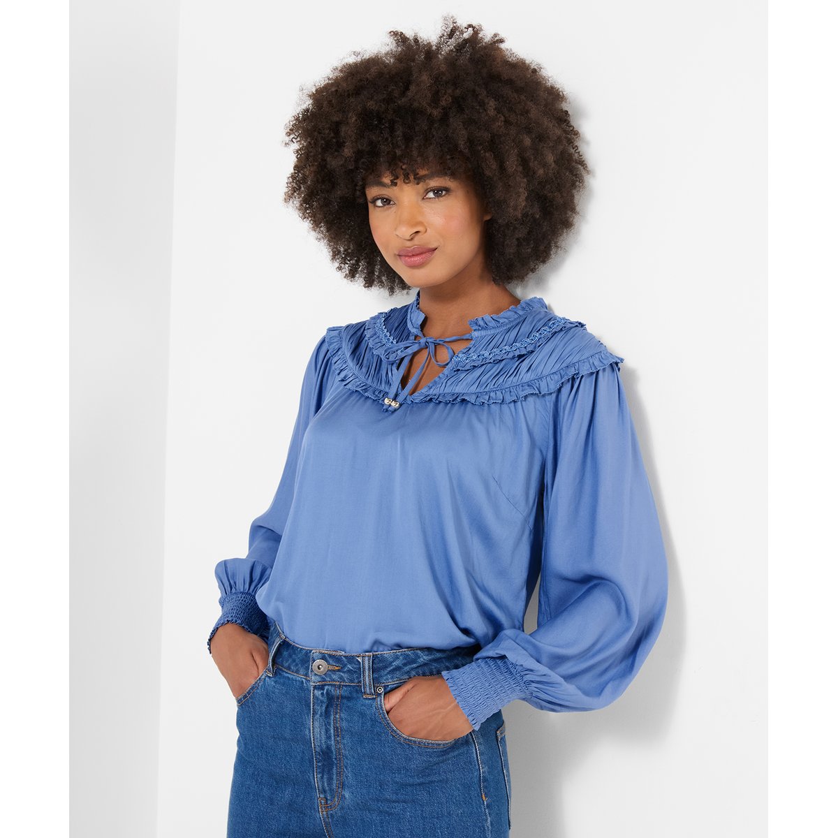 Blouse Romantique à Col Noué à Volants et Manches Ballon bleu, JOE BROWNS