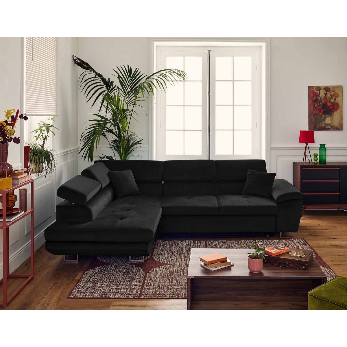 Canapé d'angle gauche convertible 5 places, DIMAS noir, BEST MOBILIER