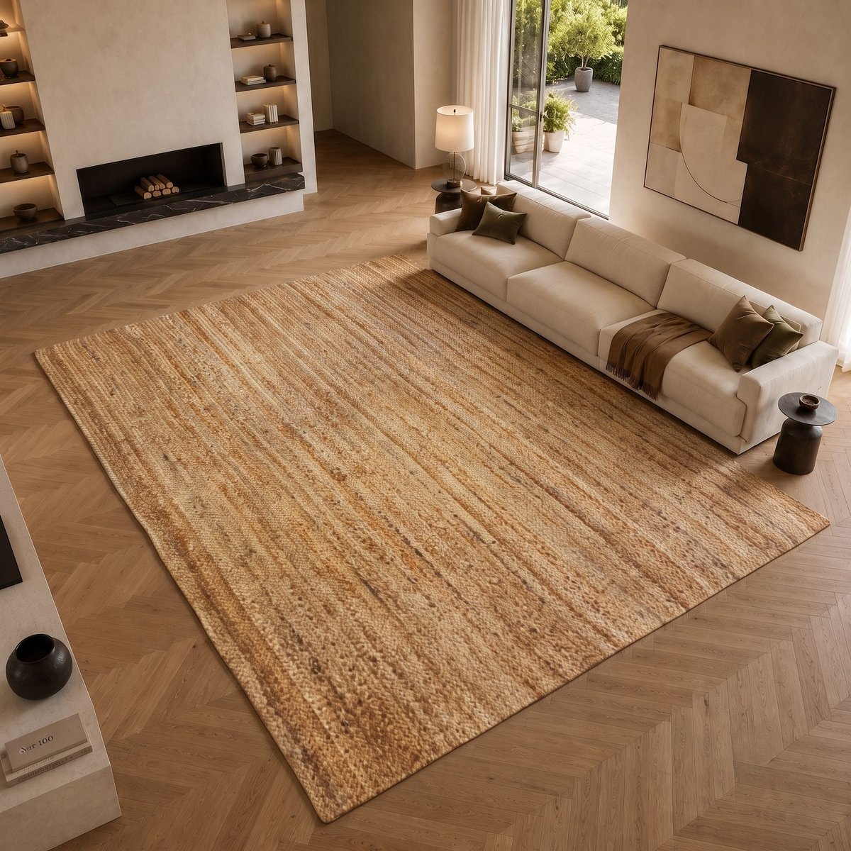 Tapis en jute tressé main motif rond  SUNNY JUTE - style bohème beige motif lignes, THE DECO FACTORY